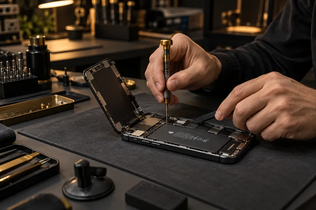 Imagem ilustrativa de reparo de smartphone em bancada técnica